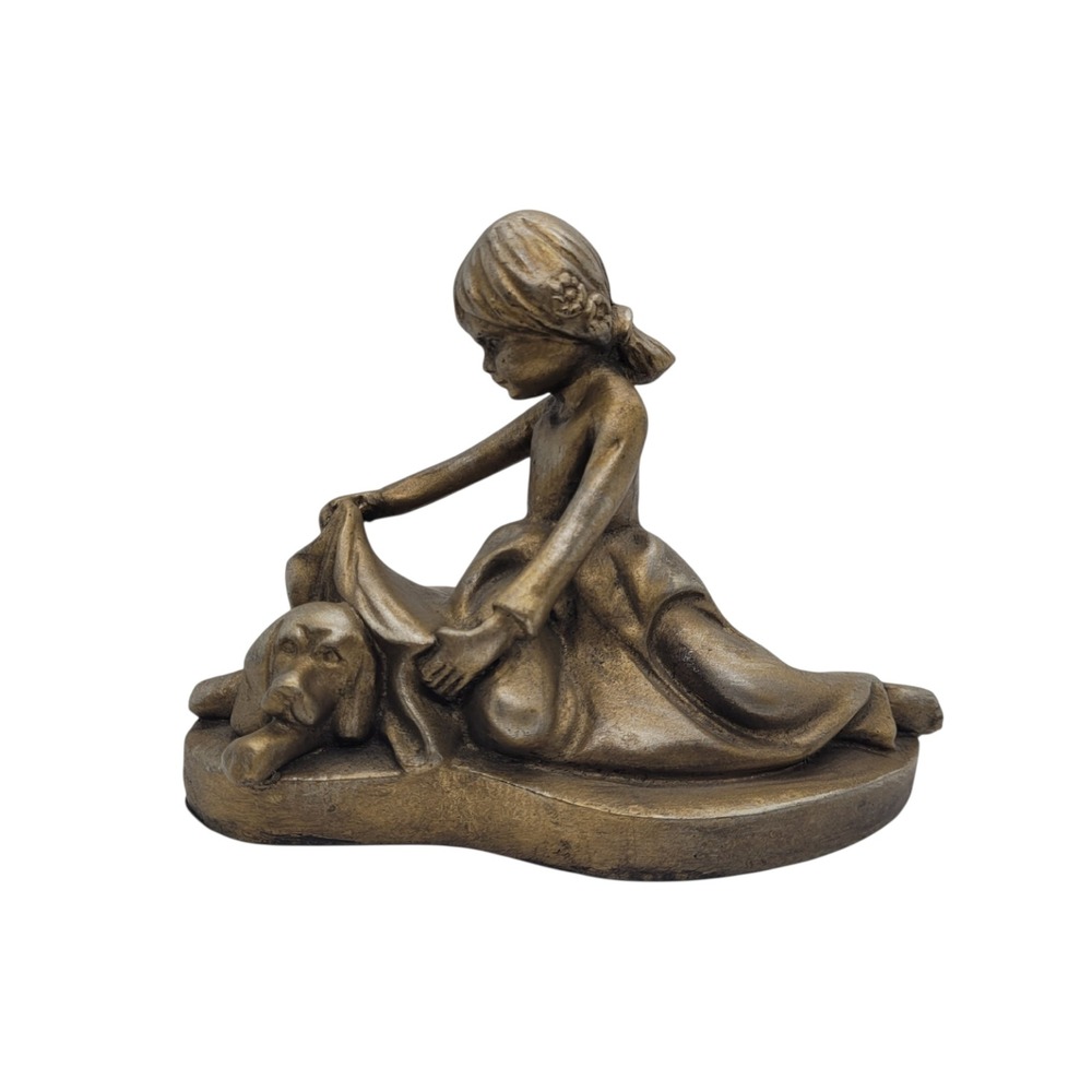Bronze‎ Finish Girl with Dog Figurine Sculpture Decorative Shelf Sitter Accent